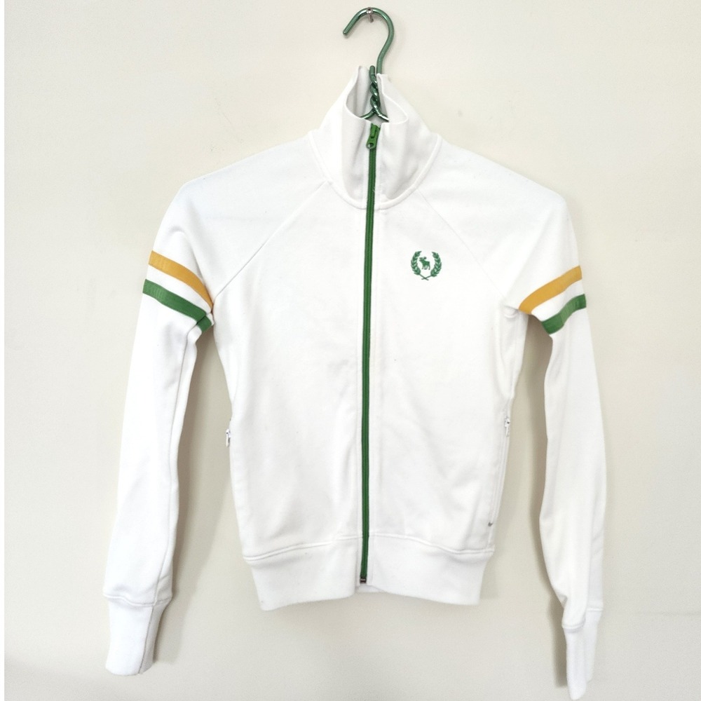 Y2K Abercrombie & Fitch Womens XS White Jacket Green Yellow Stripe Moose Logo